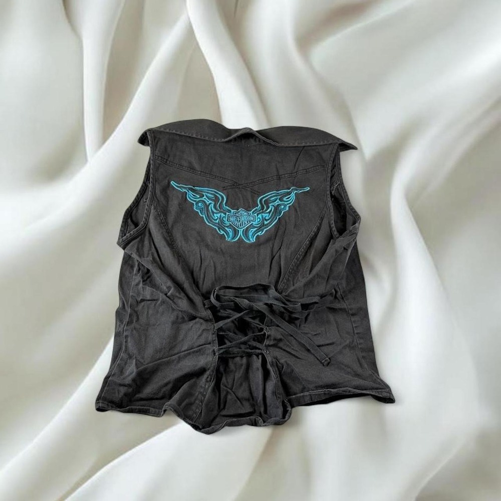 Harley Davidson 2010 black teal embroidered angel wing corset vest y2k boho